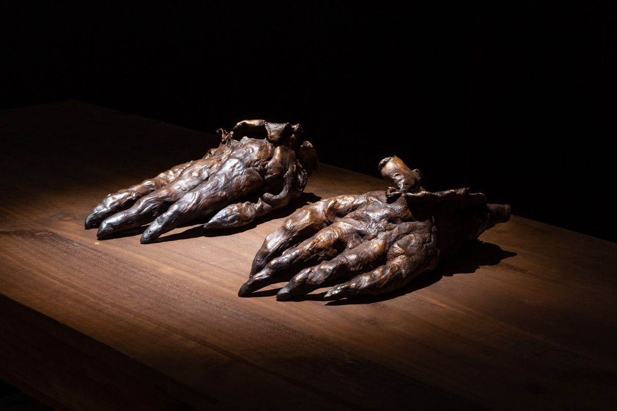 Florian Mermin, Peaux (2015) Bronze, table en bois, 10 x 40 x 50 cm et 60 x 150 cm. Collection privée