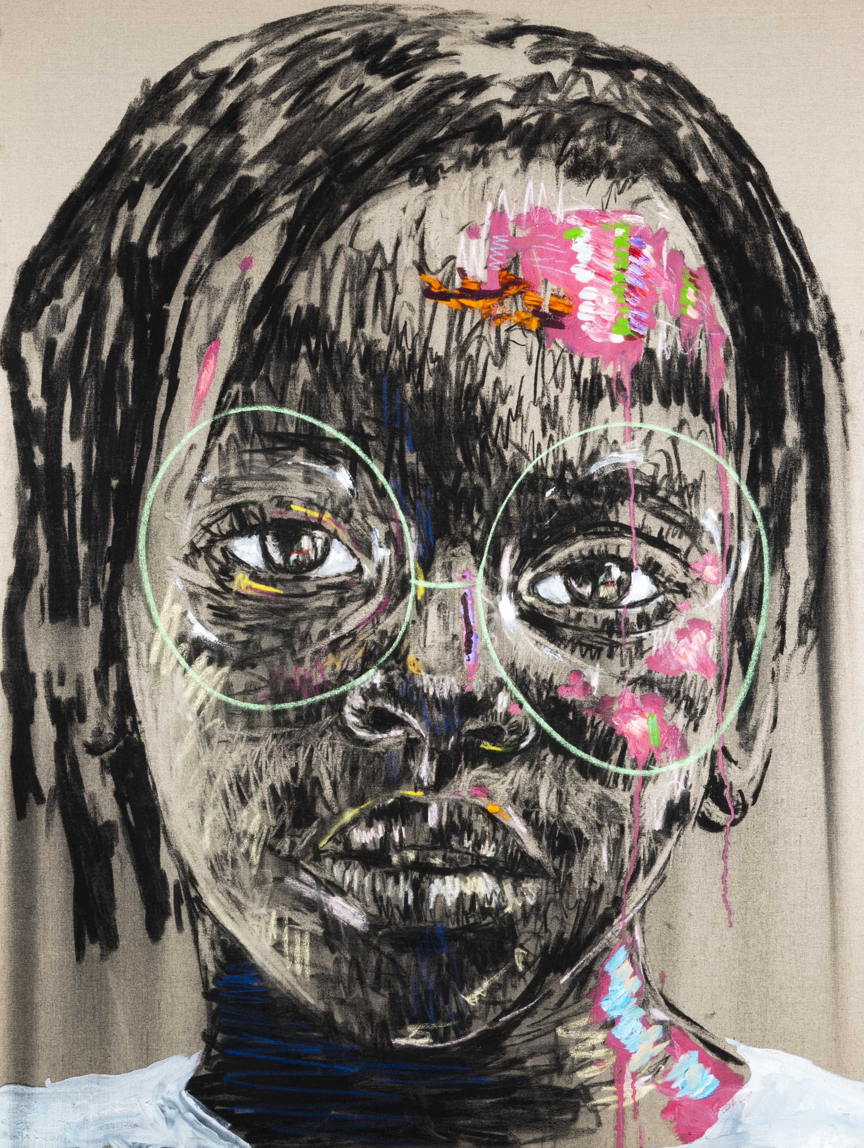 We are Angels with Dirty Faces Fusain, pastel et huile sur toile de lin belge 160 x 120 cm, 2019 ©Andile Buka