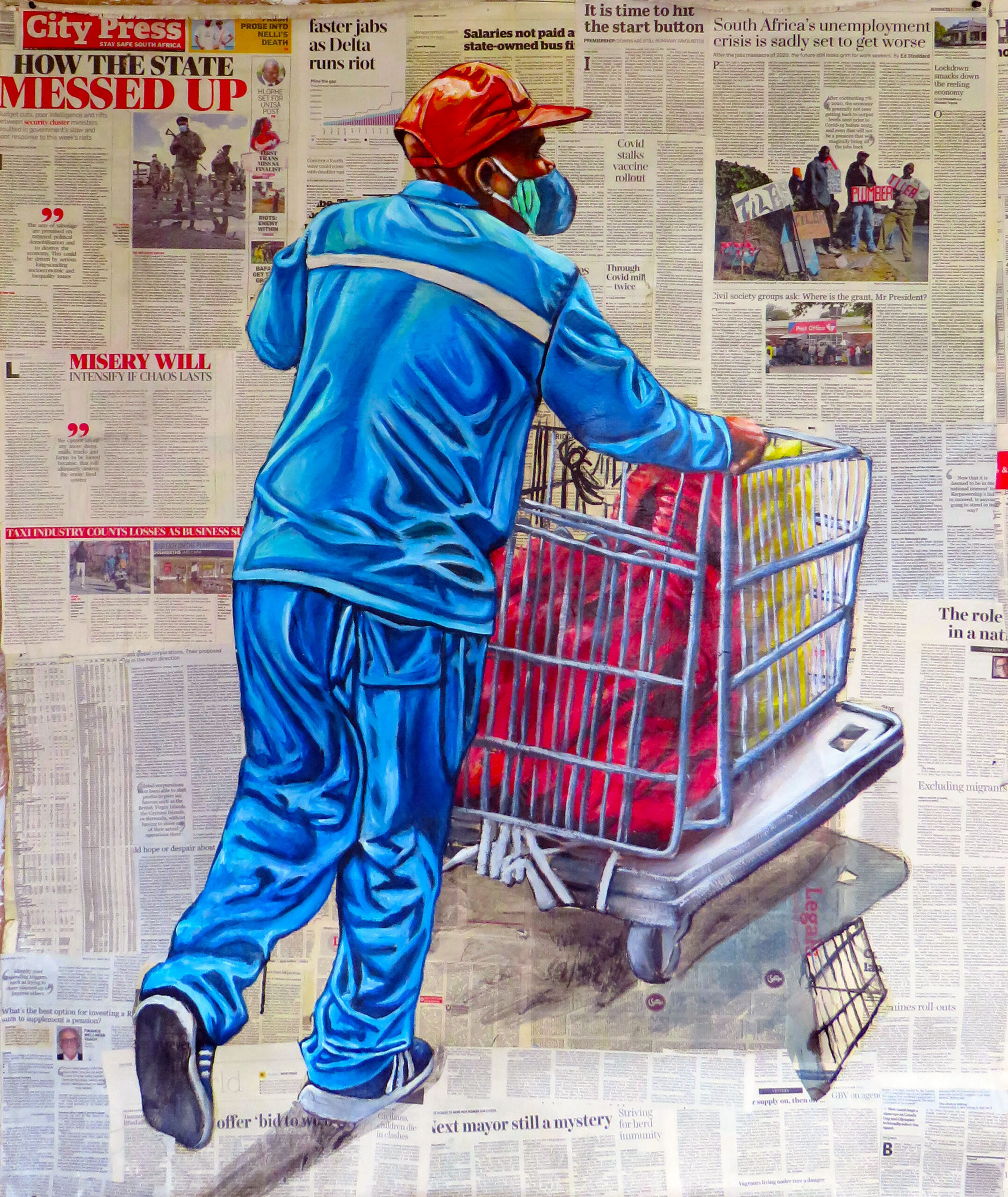 There is a shaking in society 12, 2021, Acrylique et laque sur papier journaux, 160 x 129 cm