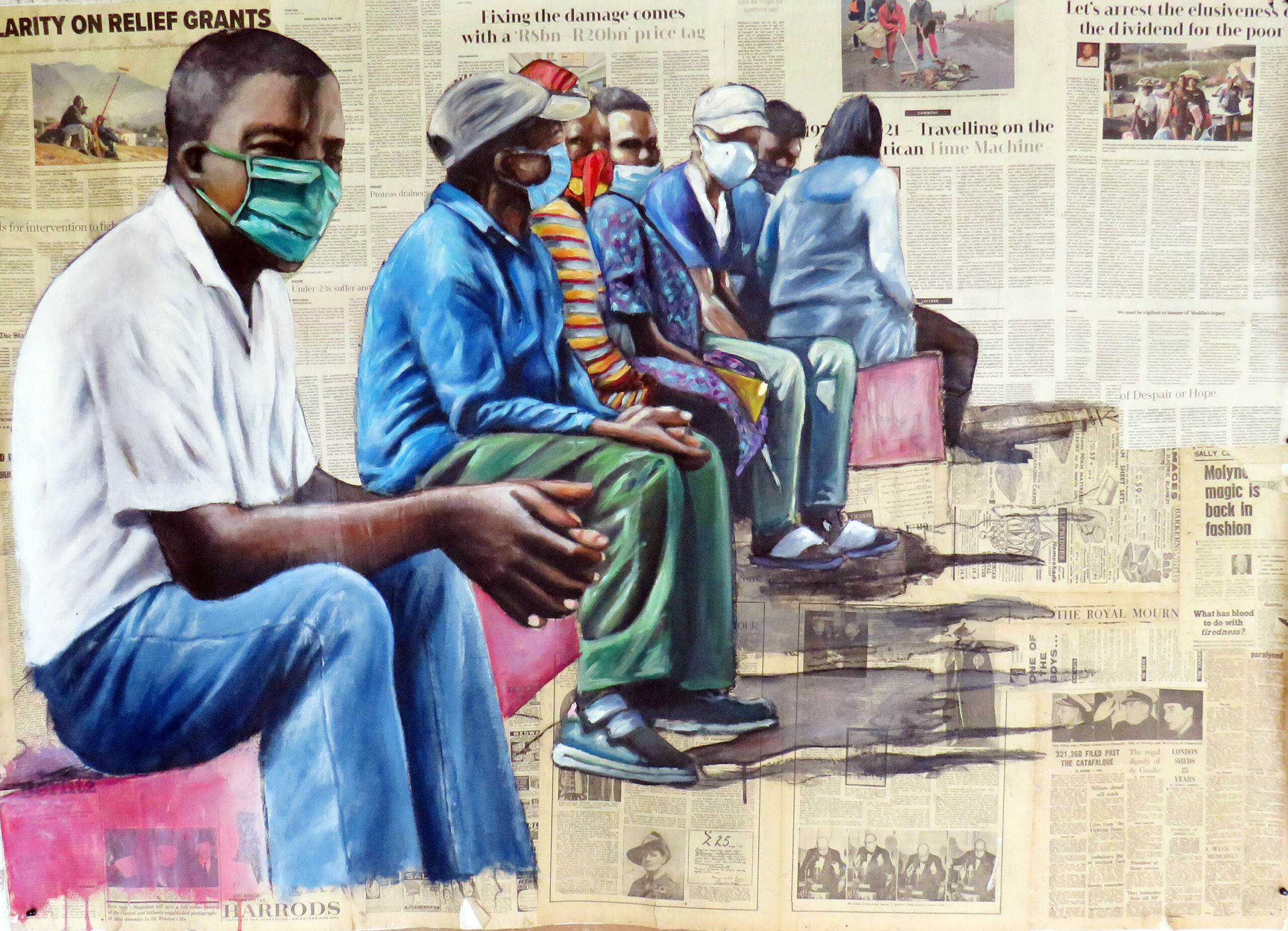 There is a shaking in society, 2021? Acrylique sur papier journal contemporain et vintage, 114 x 160 cm