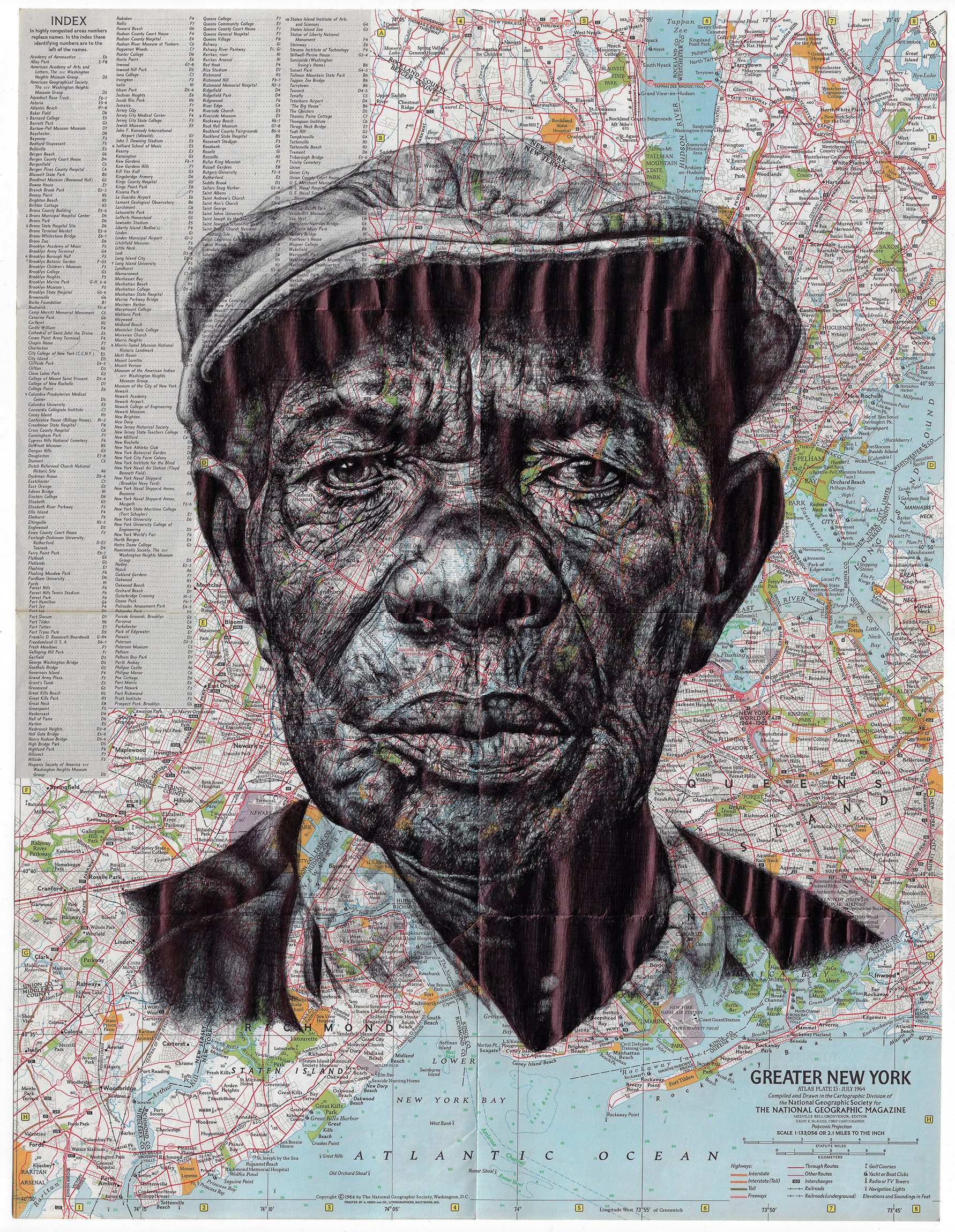 Greater they say, 2022, Dessin au stylo à bille sur une ancienne carte du grand New York, 39 x 51 cm