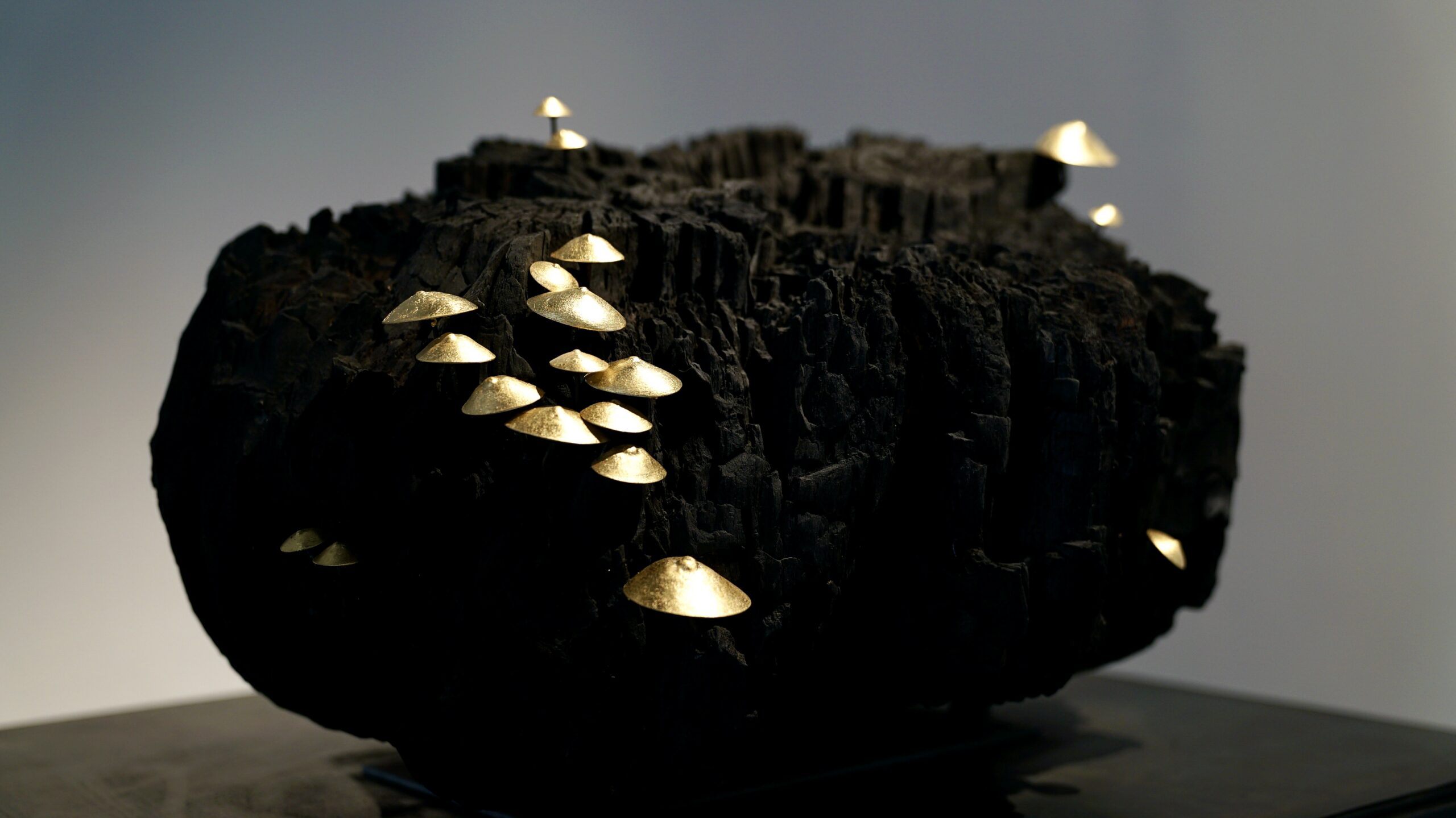 Résilience, 2021, Plexiglass, bois brûlé, feuille d'or, métal, jesmonite, 156x58x66cm © François Benichou-Mahé