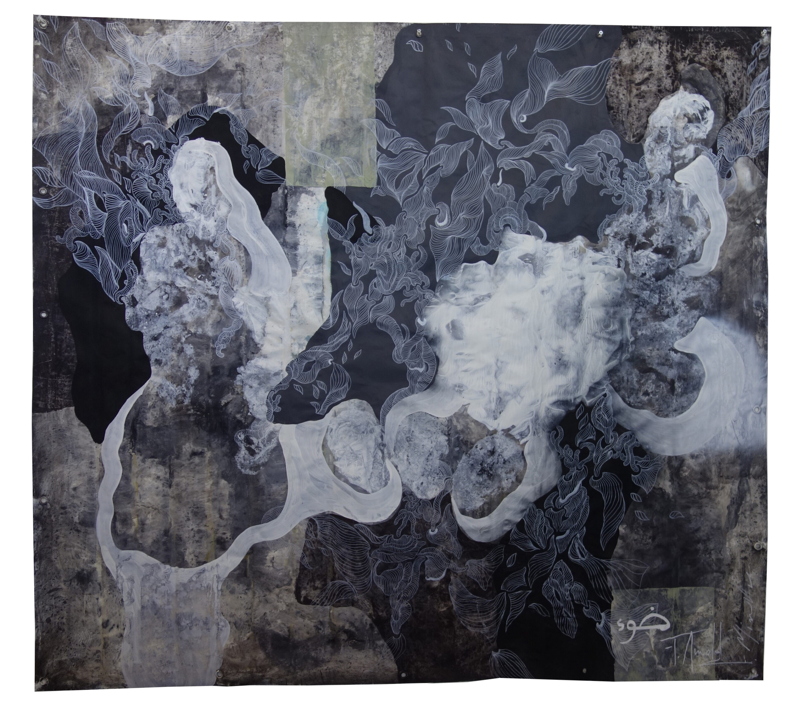 Henna, 2023, Technique mixte, tracé et huile sur bâche berbère, 180 x 200 cm © Flo Arnold et Christophe Miralles