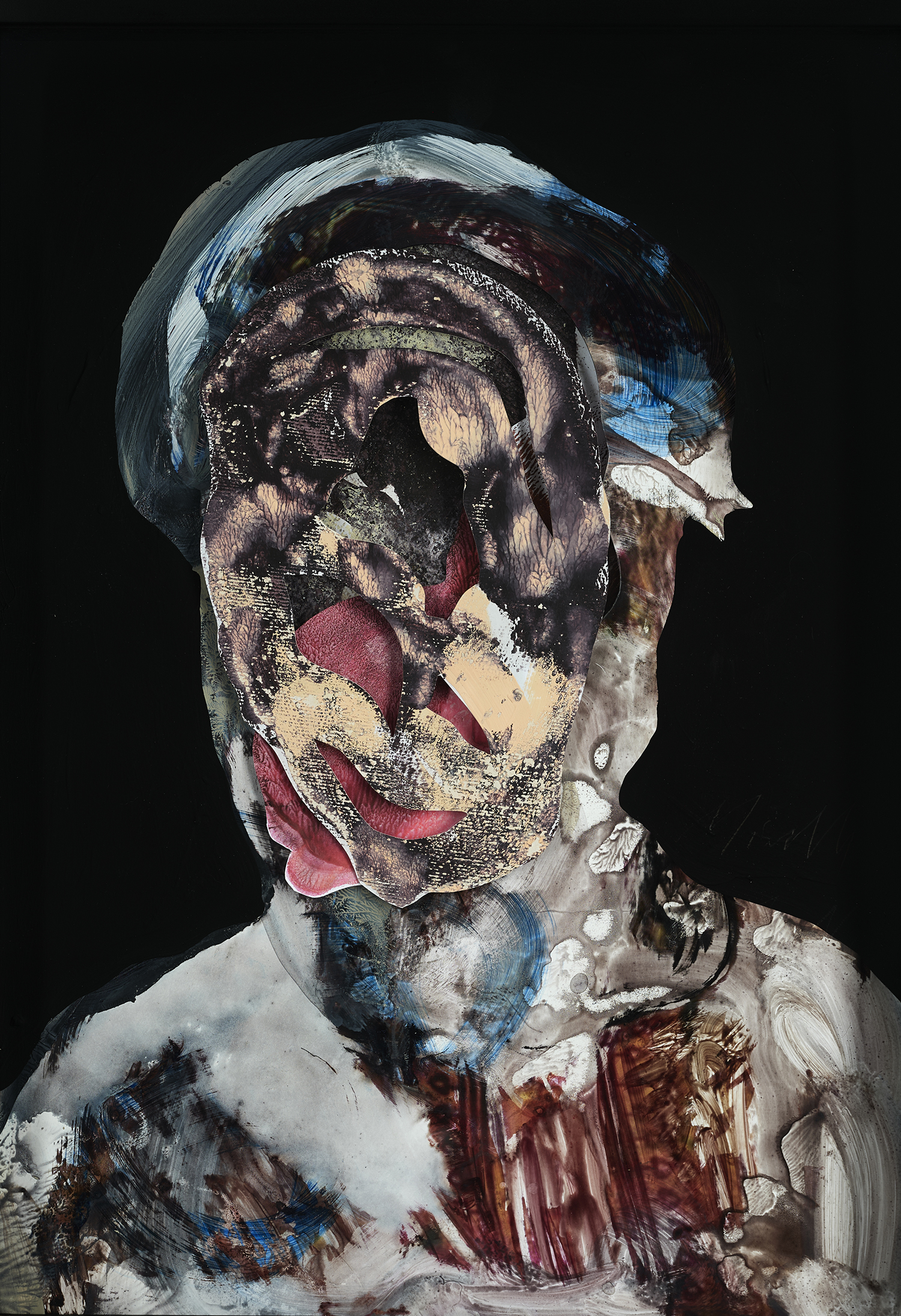 Selfie 1, Christophe Miralles, 2023, Huile et papier découpé, 48 x 35 cm © Flo Arnold et Christophe Miralles