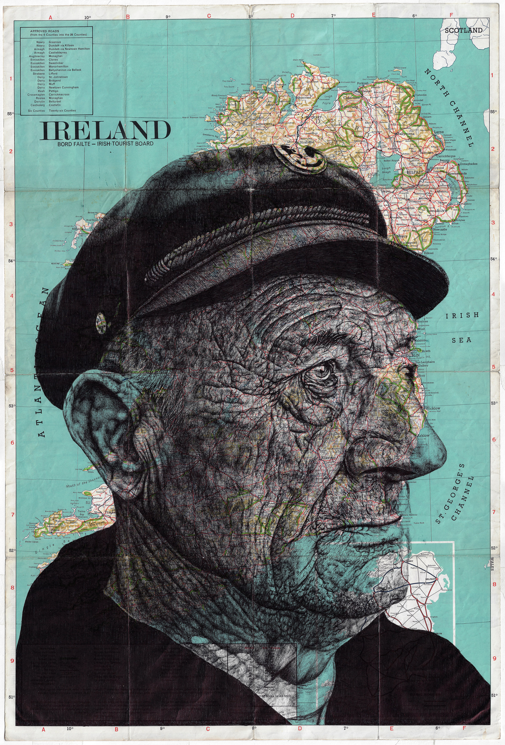 Head to the coast, 2023, Dessin au stylo à bille sur une ancienne carte d'Ireland, 74 x 50 cm