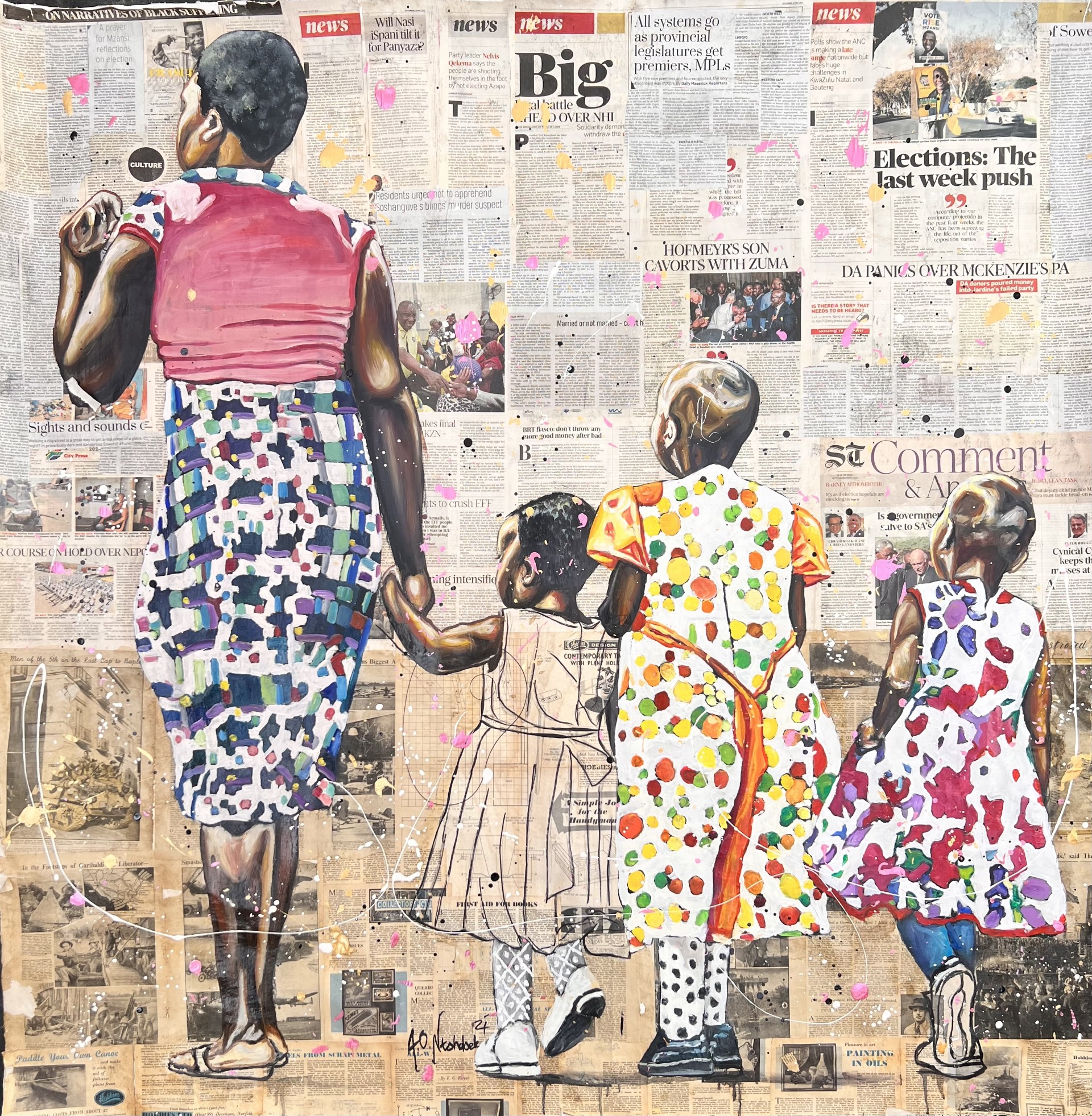 Silent Companions, 2024, Huile, acrylique et émaux sur divers documents, 150 x 150 cm | © Andrew Ntshabele