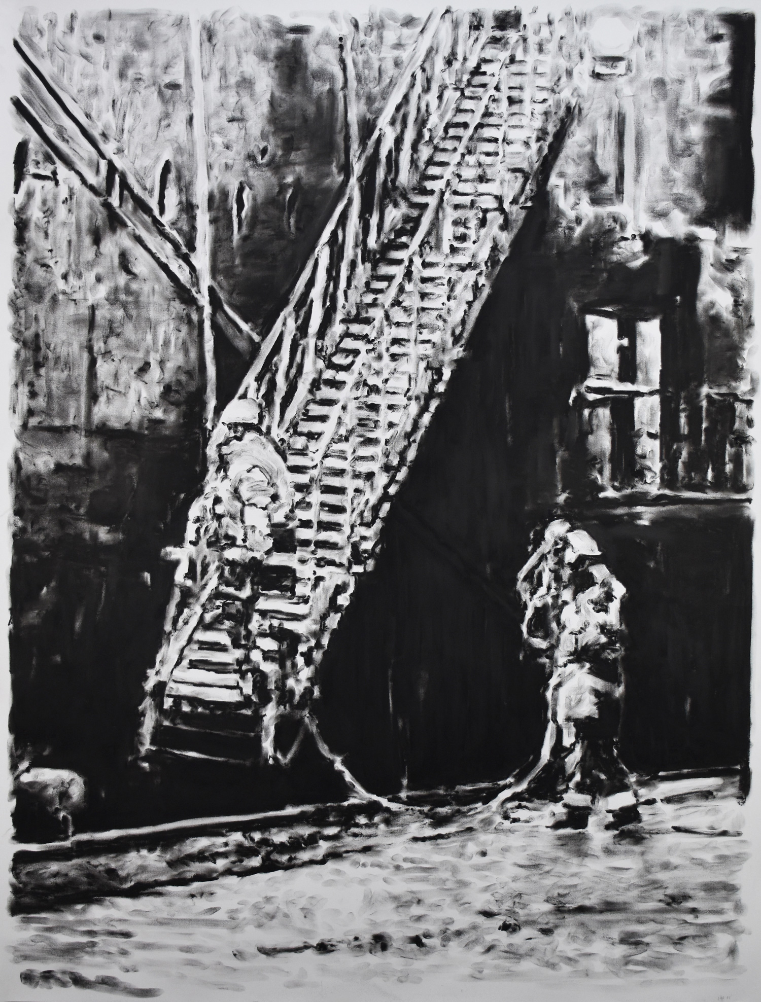 Preparing the gangway II, 2025, Charcoal on paper, 150 x 115 cm | ©Studio23 ©Joren Van Acker