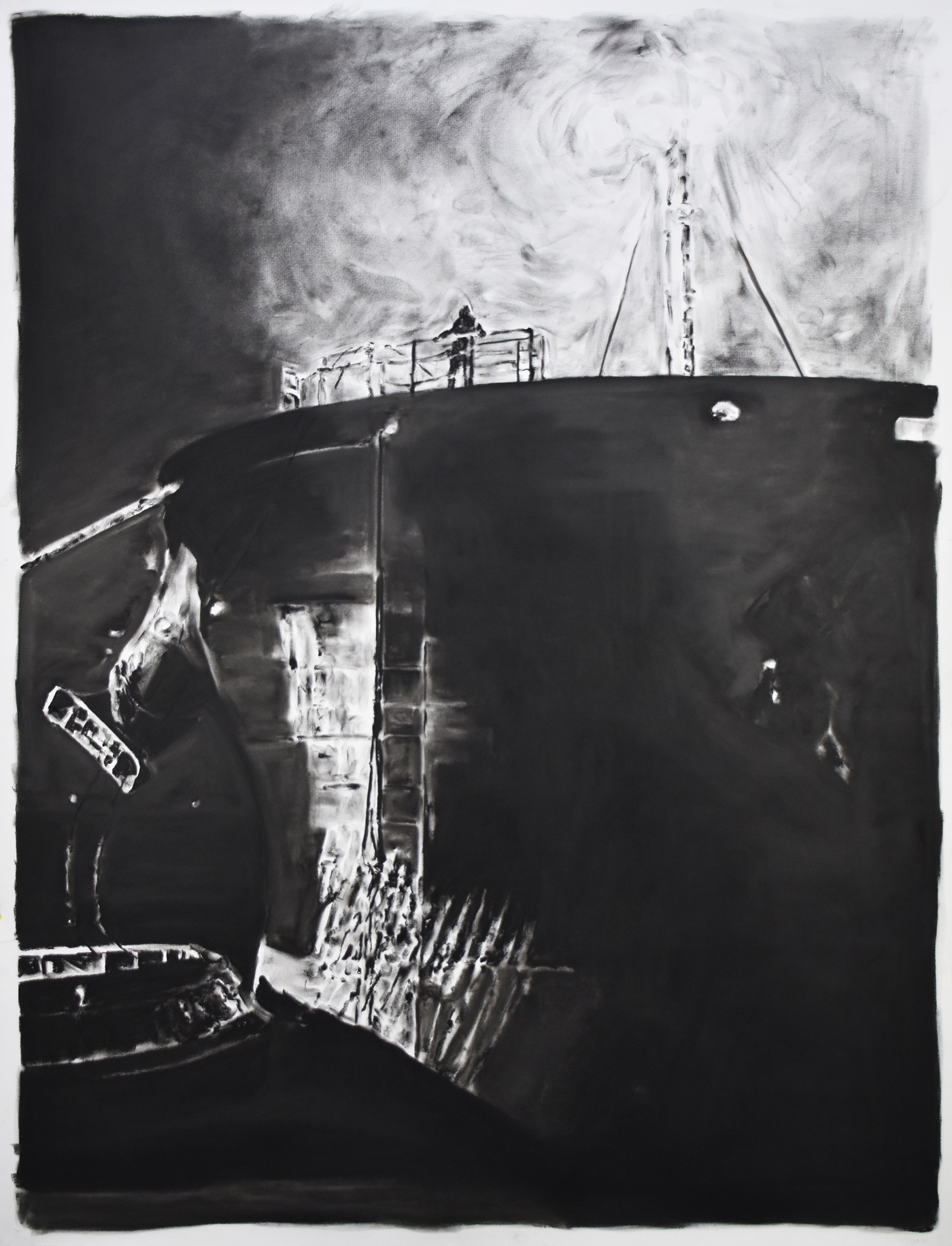 Securing the tugline, 2025, Charcoal on paper, 150 x 115 cm | ©Studio23 ©Joren Van Acker