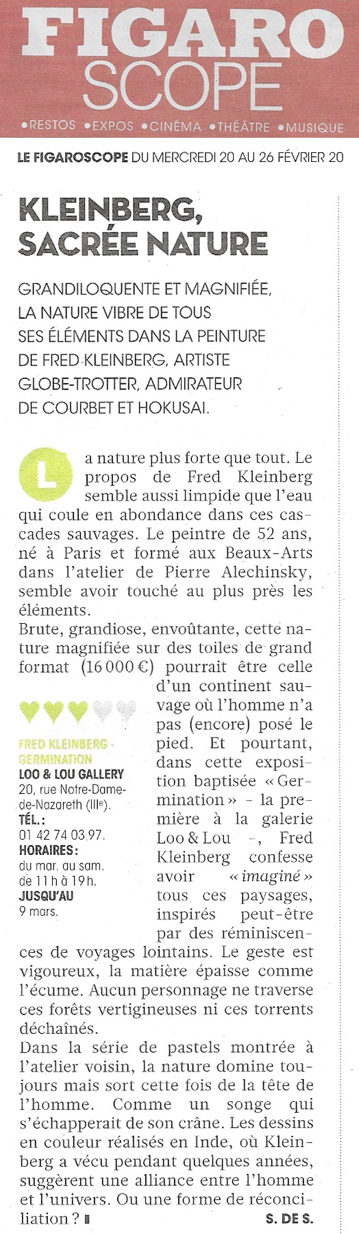 FRED KLEINBERG, « Germination, peintures et pastels », Figaroscope, Février 2019