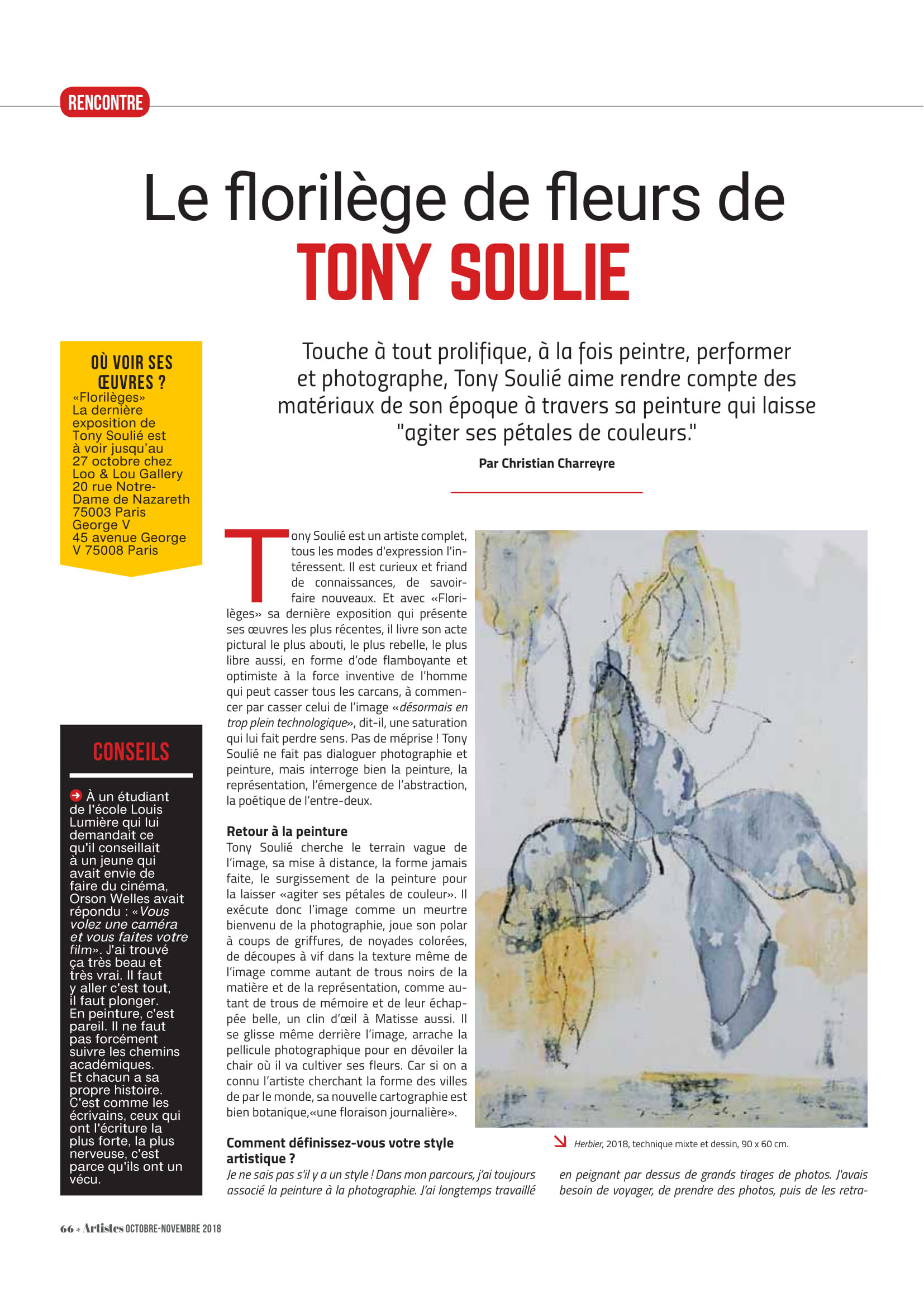 TONY SOULIE, « Florilèges », Artistes, October 2018